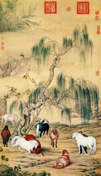 中国の伝統芸術 Painting - ラング輝く八大馬アンティーク中国
